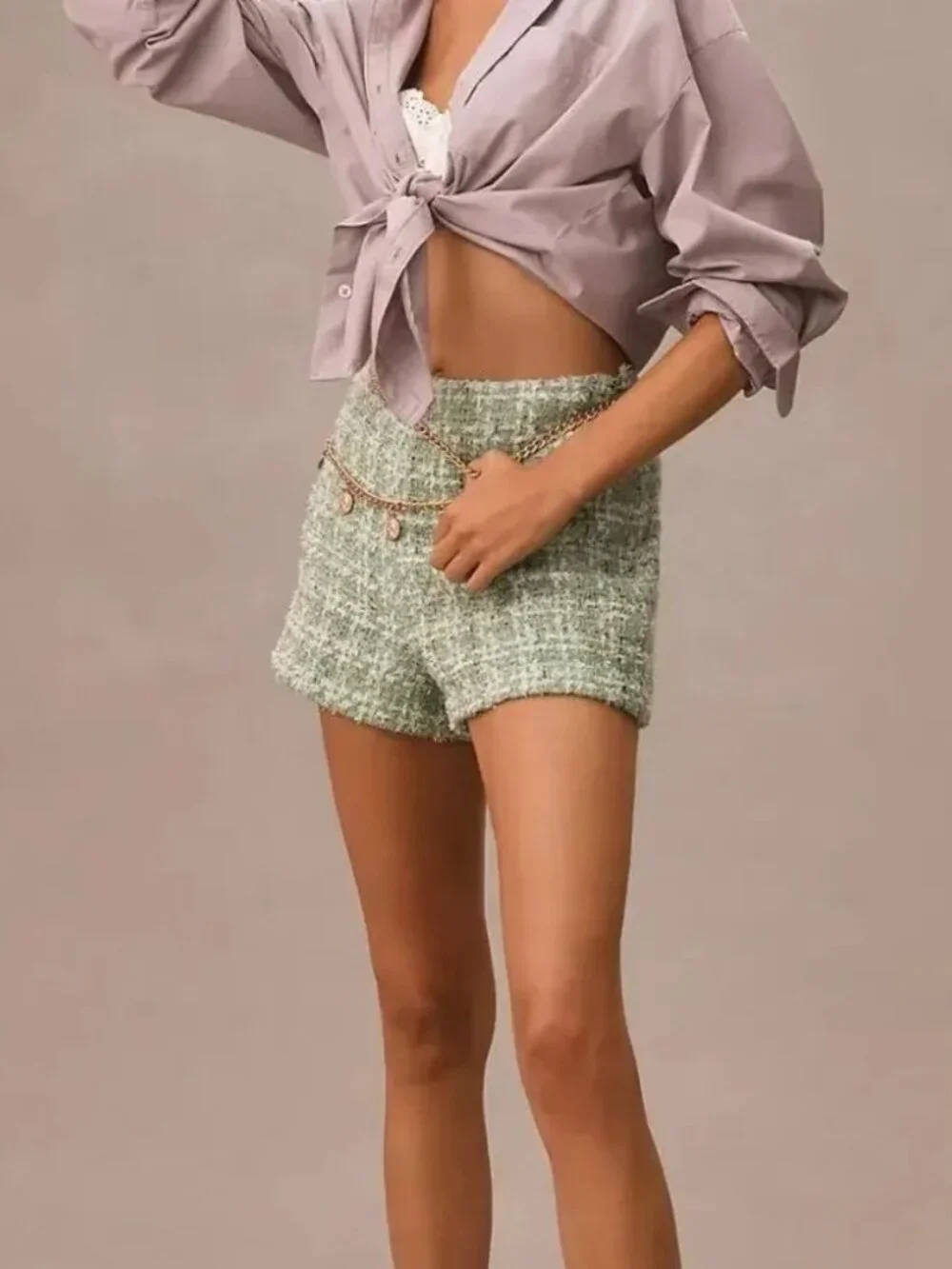 NWT Anthropologie Anna Sui Tweed Green & White Checkered Shorts Hi Rise Size 4